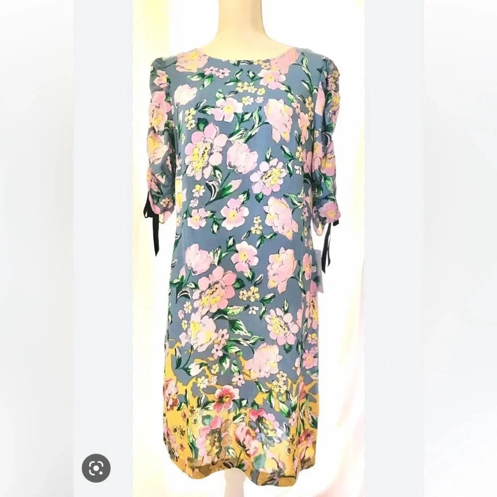 Donna Morgan Women's Floral Dusty Blue Pink Shift Dress Gathered Sleeve …​